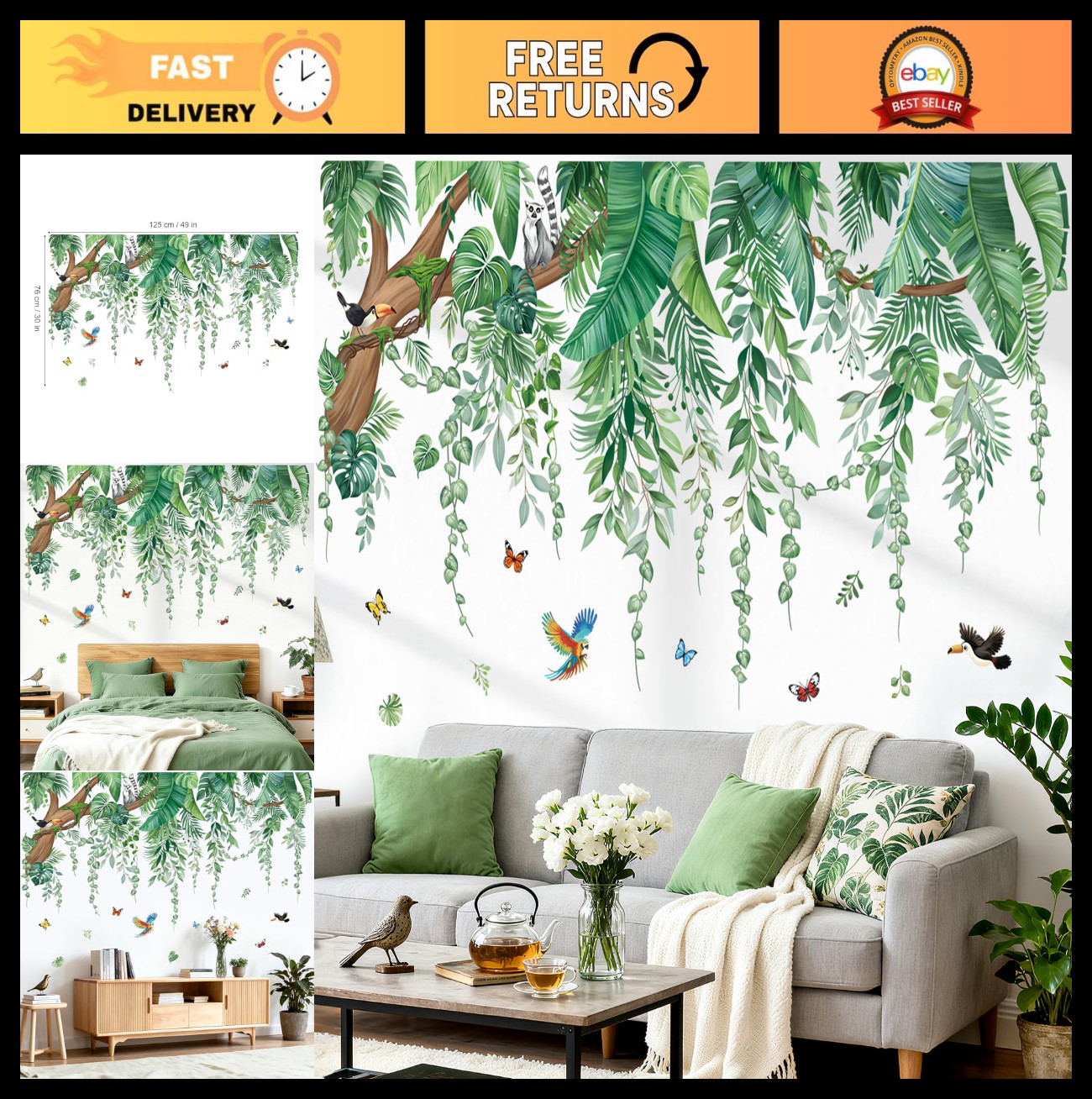 Large Green Tropical Leaves Wall Stickers – Peel & Stick Palm Tree Decals for Ho