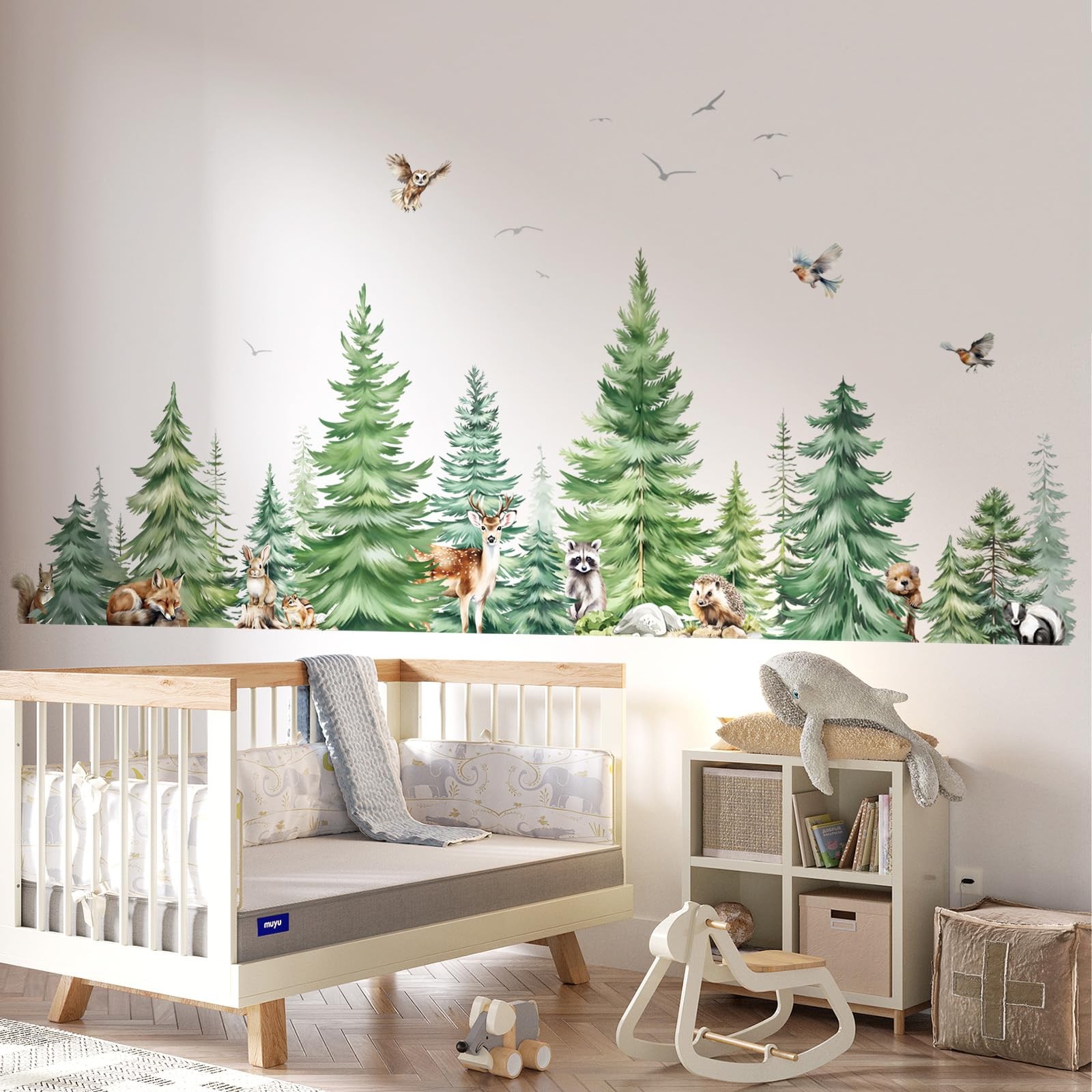 decalmile Large Watercolor Pine Tree Animals Wall Stickers Woodland Green