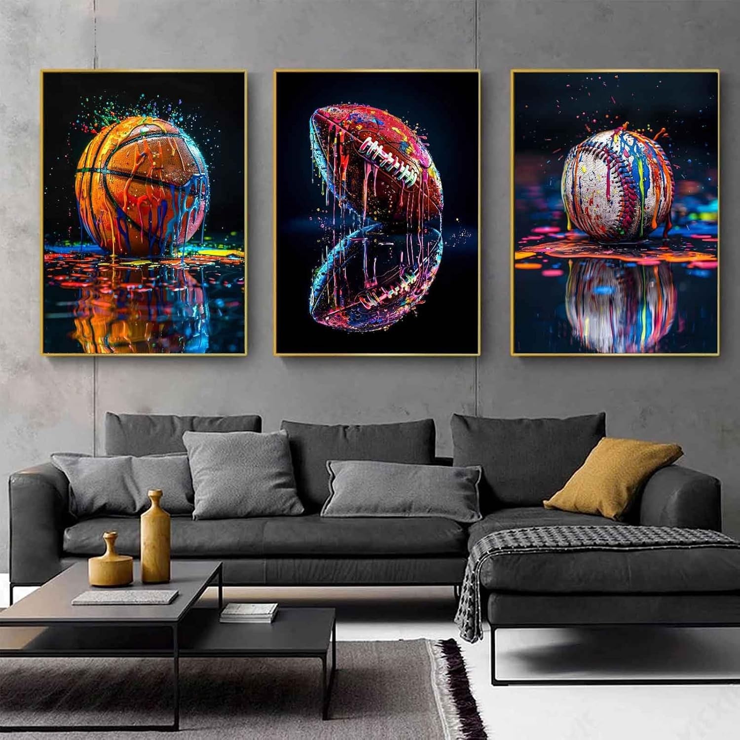 3Pcs Graffiti Sports Canvas Wall Art Boys Room Rustic Football Baseball Rugby…
