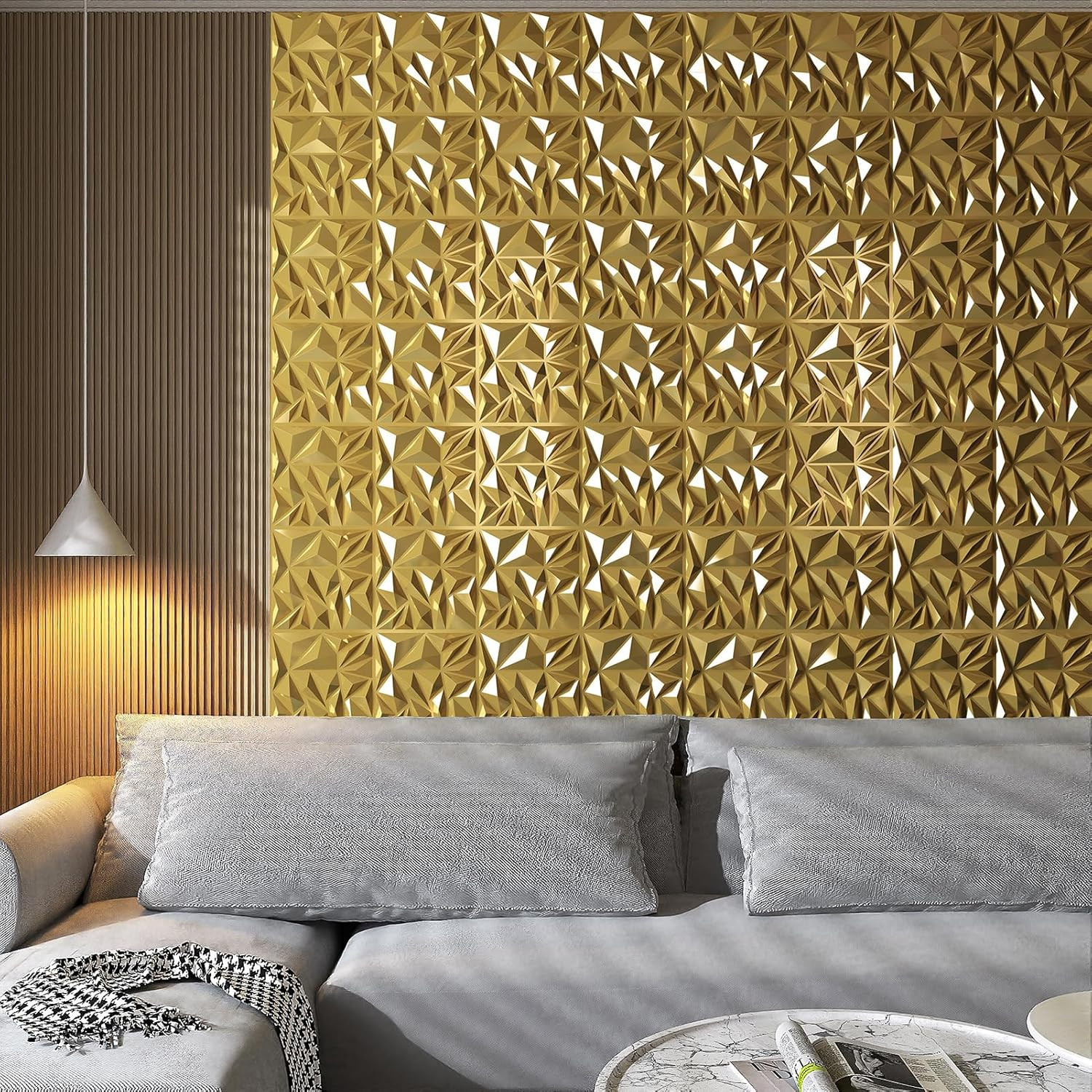 3D Wall Panels Gold 33 Pack Diamond Textured Accent Wall Panels Gaming Room TV