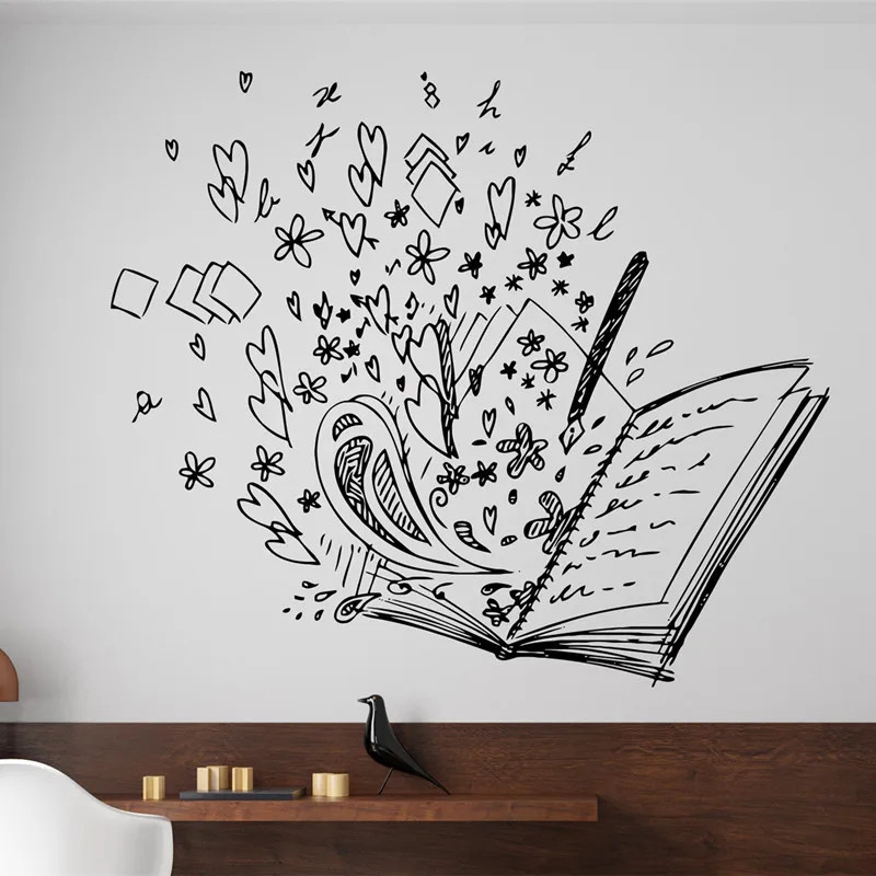 Hand Drawing Book Wall Decal Library Reading Room Study Room Decor Stickers