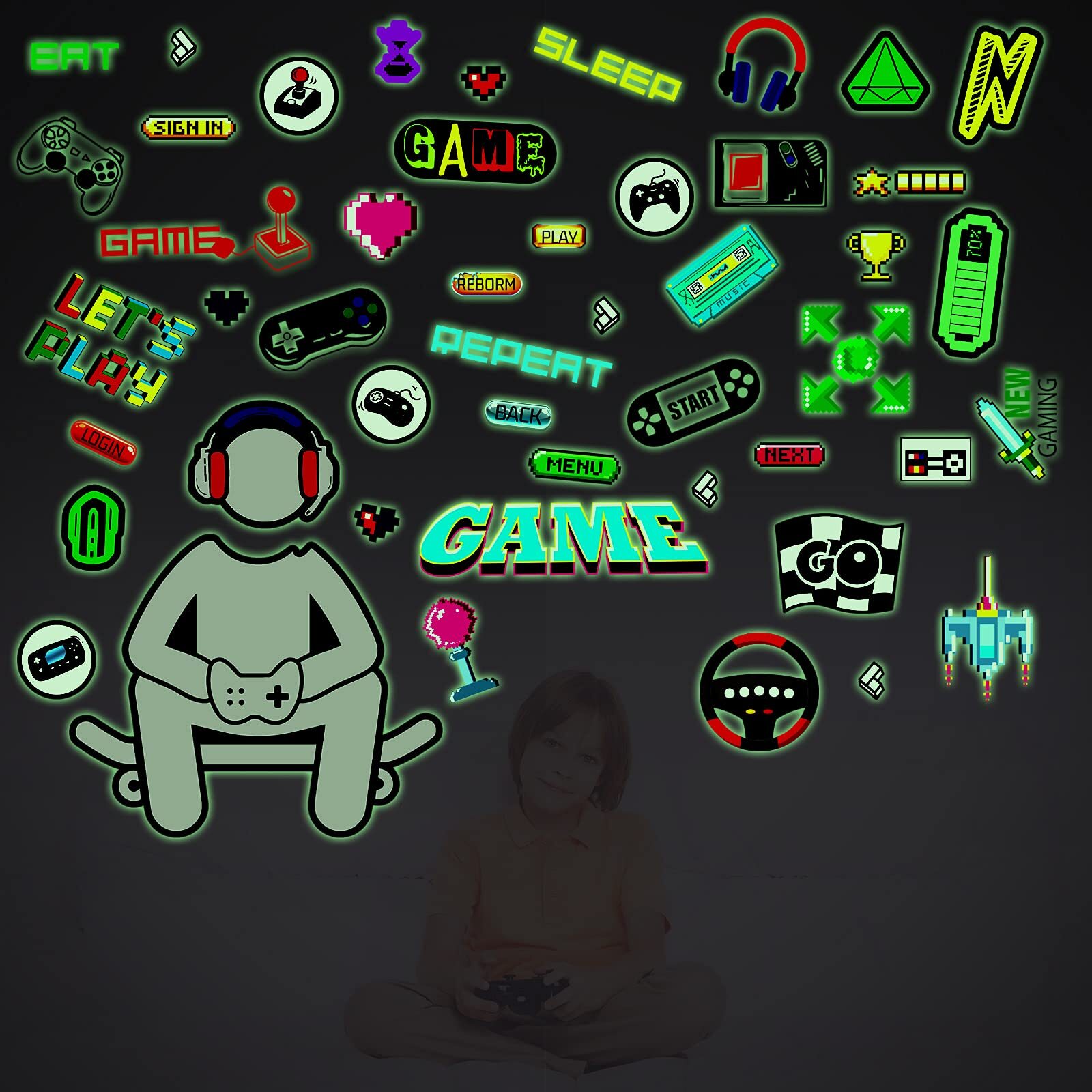 Glow In The Dark Game Wall Decal Video Game Controller Wall Decor for Boys Room