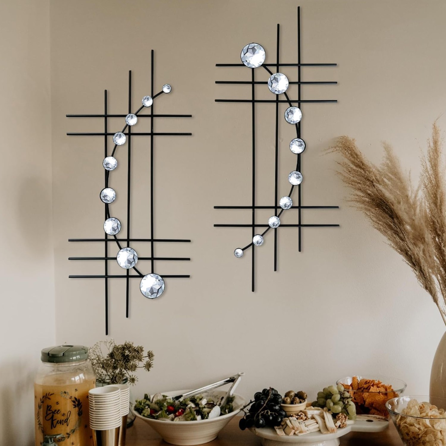 Abstract Metal Wall Decor 16.5/24 In Set Rhinestones Modern Bling Home Accessory