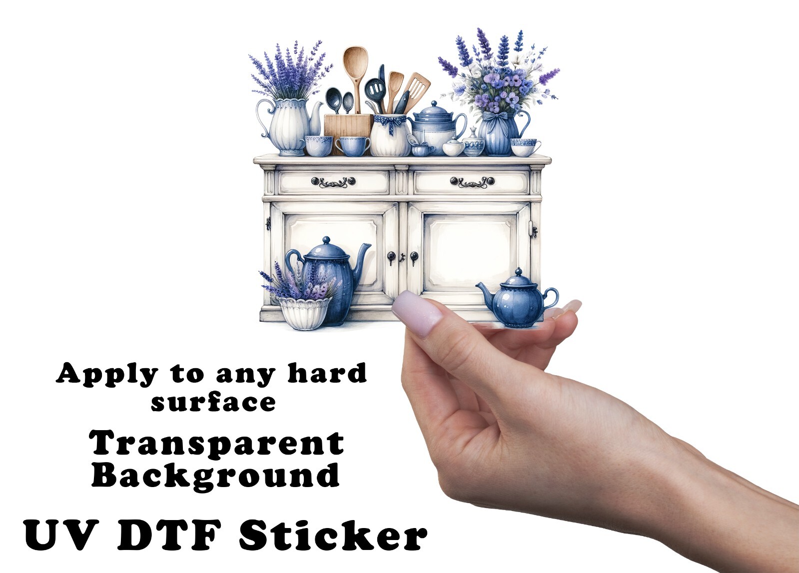 Navy Blue and White Shabby Kitchen UV DTF Transparent Sticker / Decal