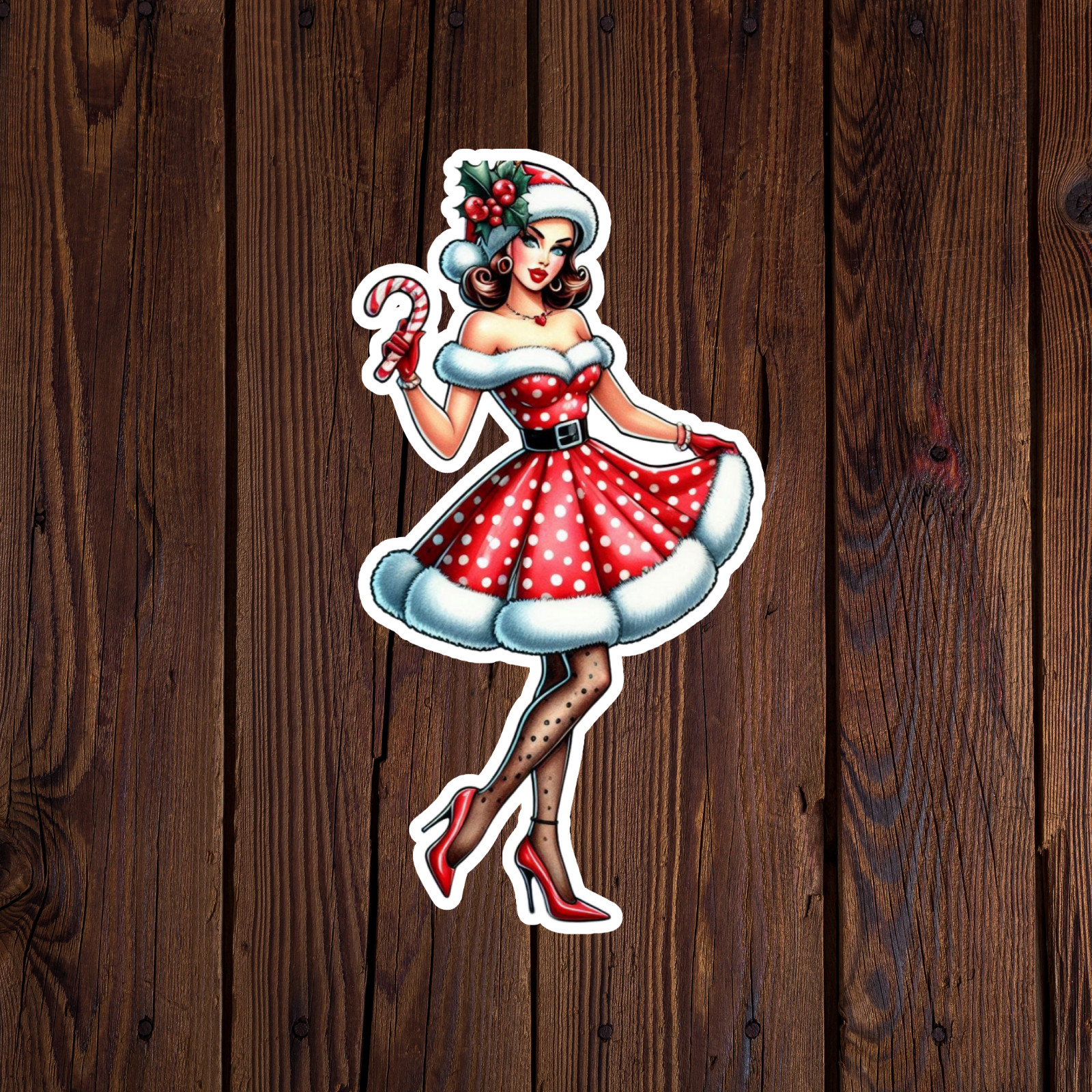 Pinup girl sticker vinyl decal sexy christmas dress high heels red lips