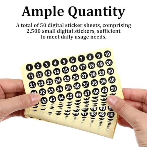 Number Stickers, 50 Sheets Black Consecutive Round Labels, 0.4 2500 Pcs 1 to 50