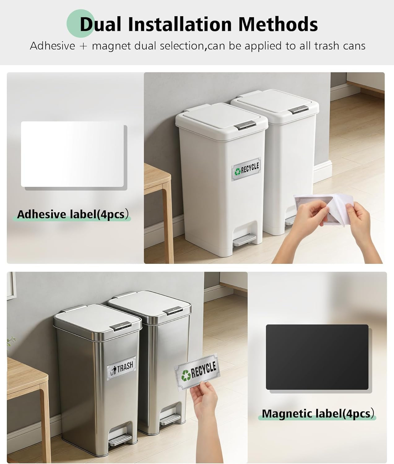 Waterproof Trash and Recycle Stickers – 8 Pack for Home and Office Use