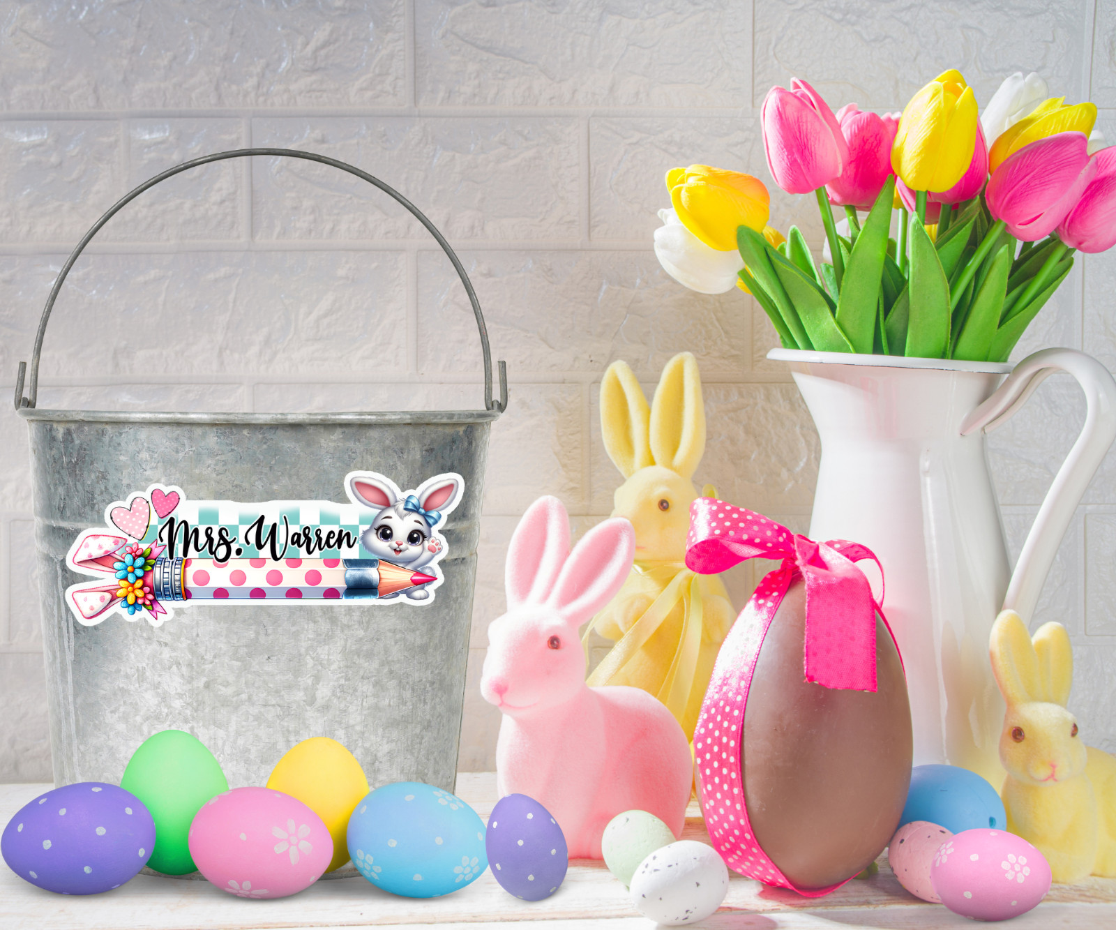 Personalized Teacher Name Sticker, Easter Bunny Pencil, Waterproof Vinyl Gift