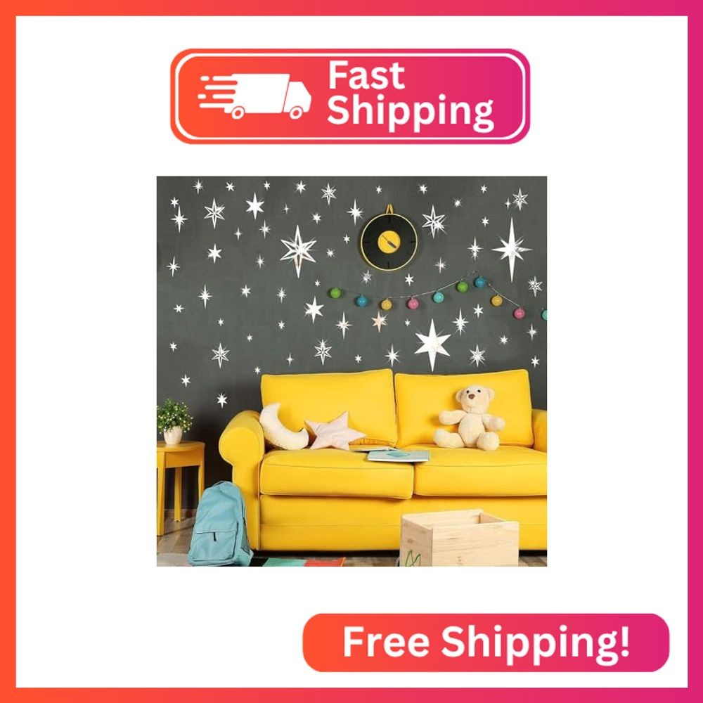 Silver Star 3D Metallic Vinyl Mirror Wall Stickers – Retro Sparkle Star Decals f