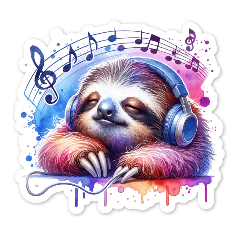 Sloth and Headphones Vinyl Sticker, Water Resistant, Laptop, Water Bottle