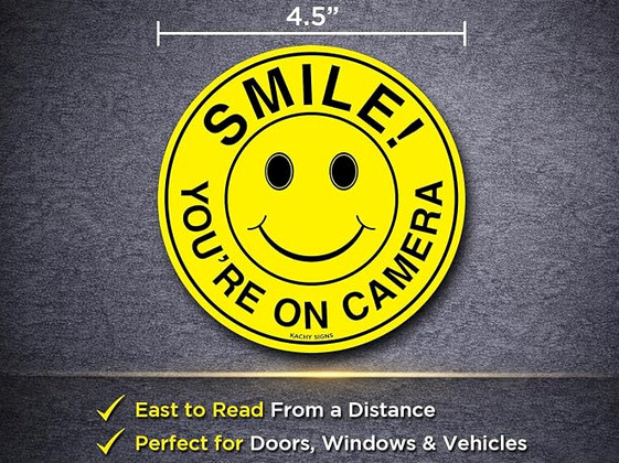(Set of 5) Smile You're On Camera Sign – 4.5" Circle – 4 Mil Vinyl – Laminated