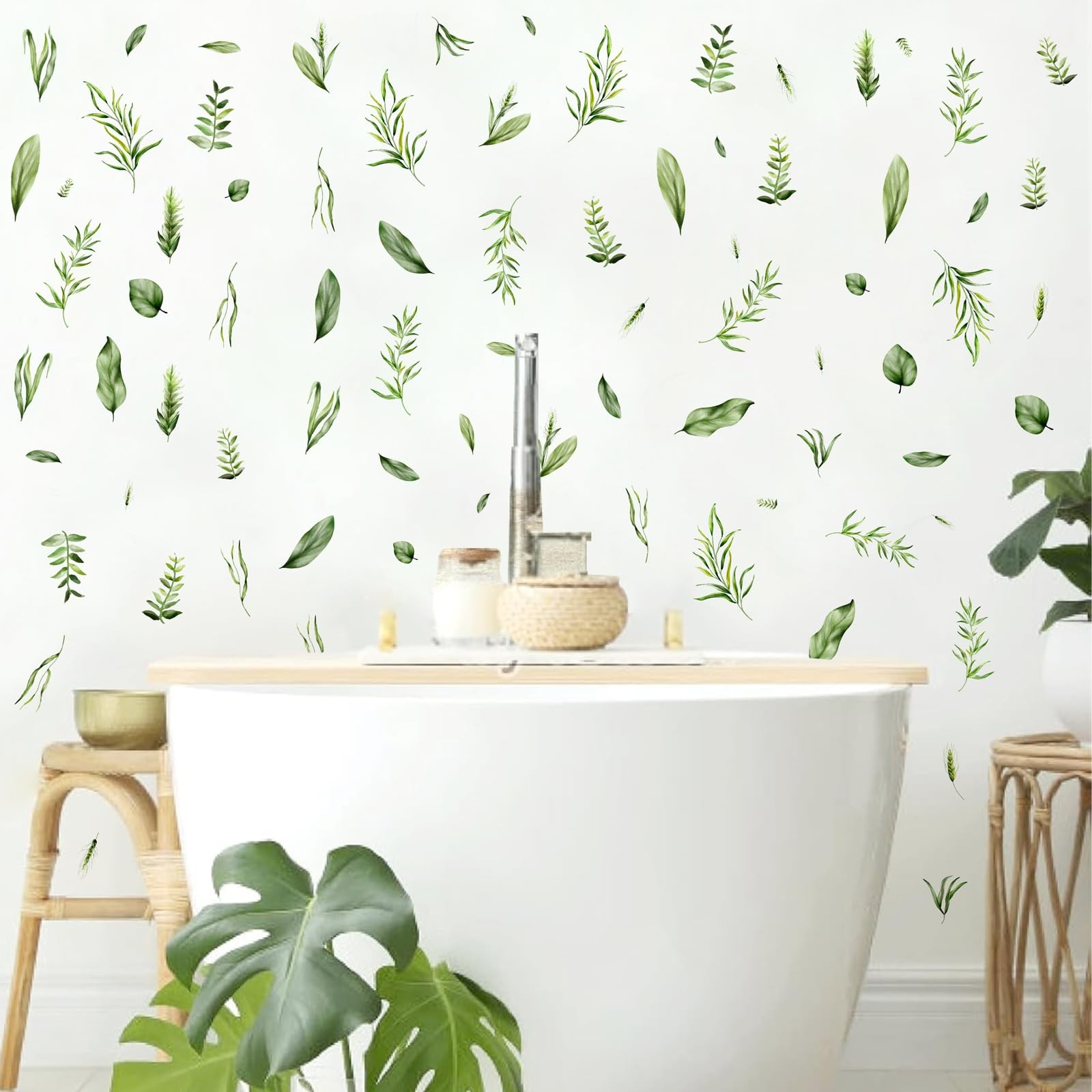 Green Leaf Wall Stickers Plant Leaf Wall Decals Peel and Stick Botanical Smal…