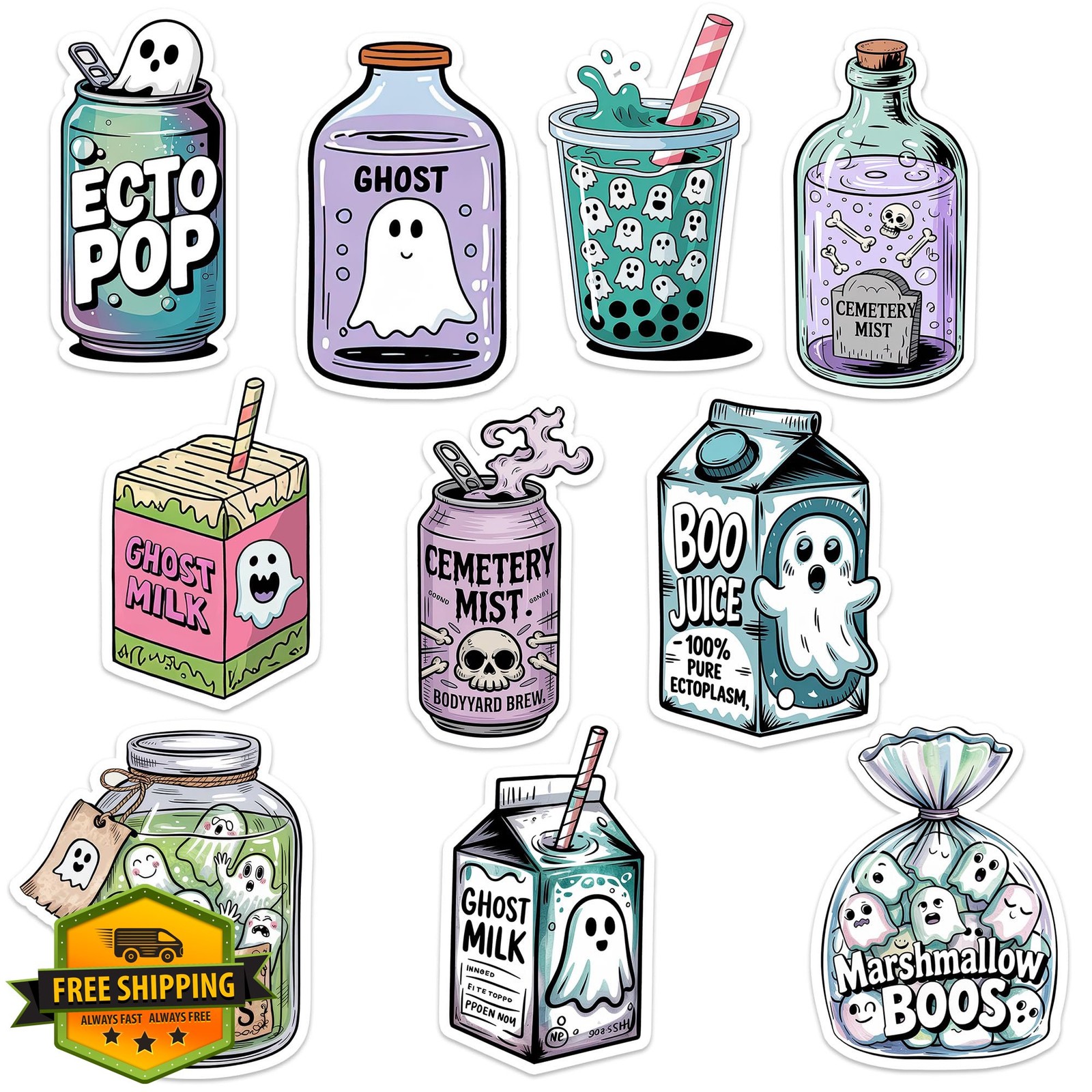 TinymalsDesign Ghost Foods Sticker Pack 10pcs Halloween