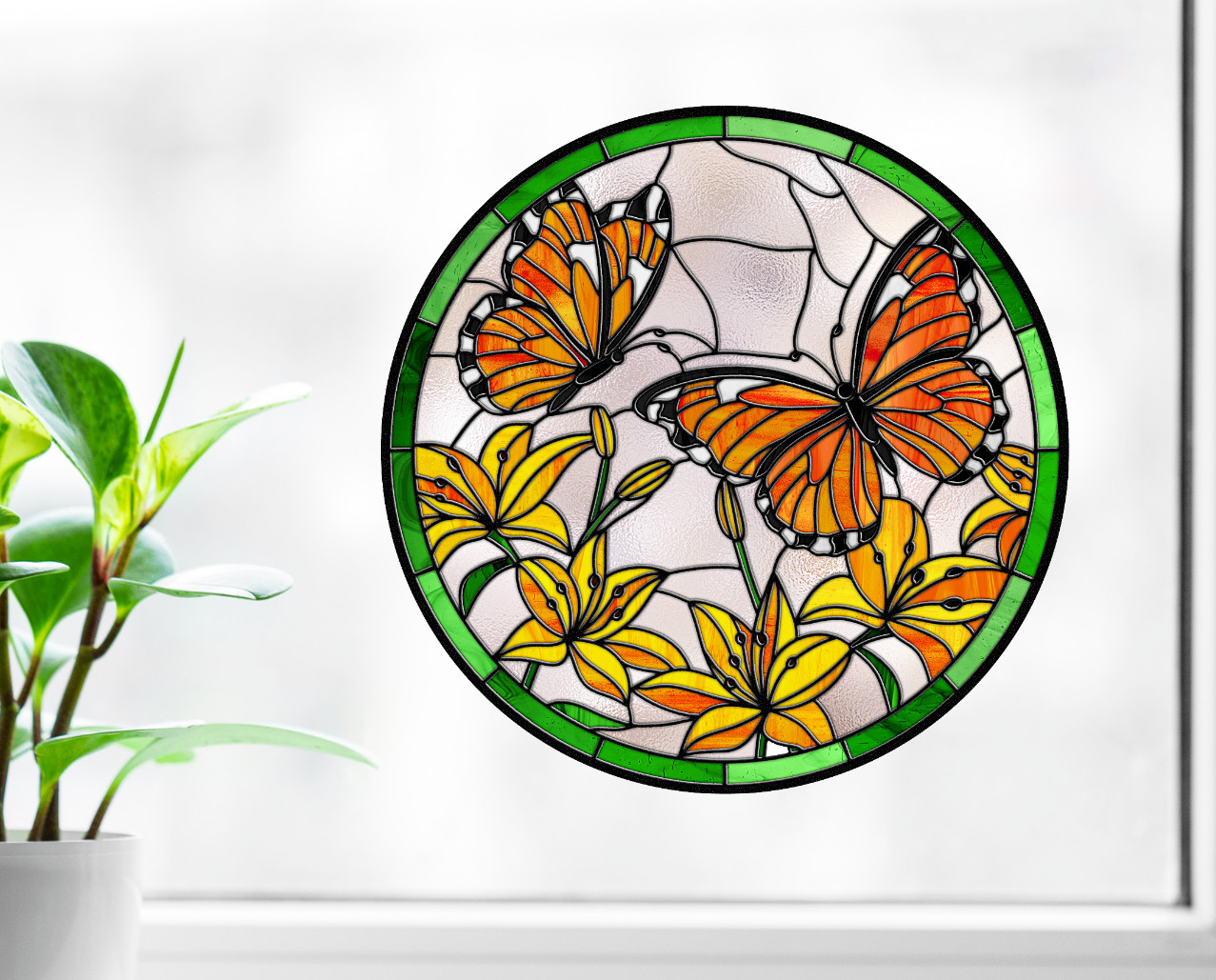 Monarch Butterflies Faux Stained-Glass WINDOW CLING Size 8" Round Vinyl