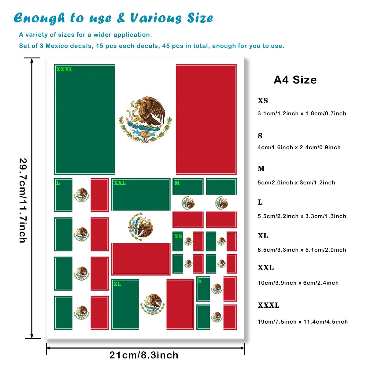 Mexico Flag Sticker Mexican Decal in Multiple Sizes 3 Pack 11.7 x 8.3 Inches