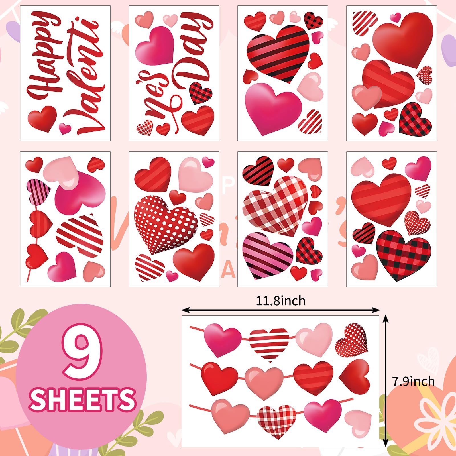 9 Sheets Happy Valentine's Day Wall Stickers Red Black Heart Large Room