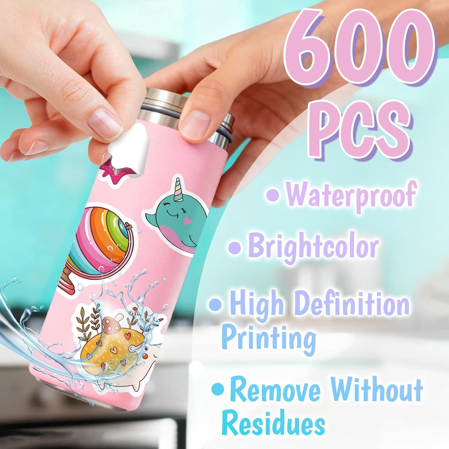 600 PCS Cute Stickers for Kids,Kawaii Water Bottle Sticker Bulk for Teens,Waterp