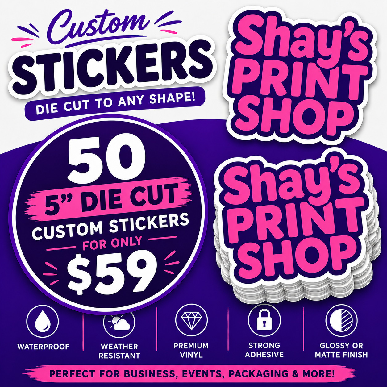 50 Custom 5" Die Cut Stickers | Upload Your Logo | Waterproof Vinyl Decals