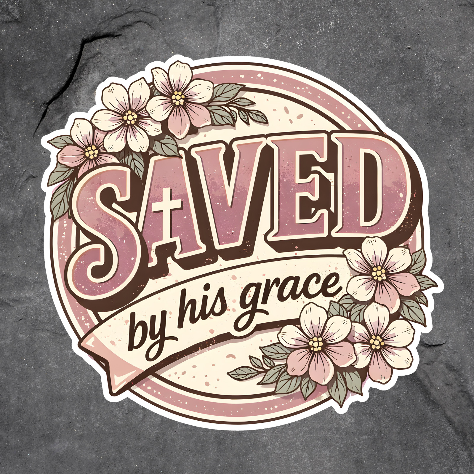 Christian Sticker Vinyl Decal Saved By His Grace Floral Faith Cross Bible Gift