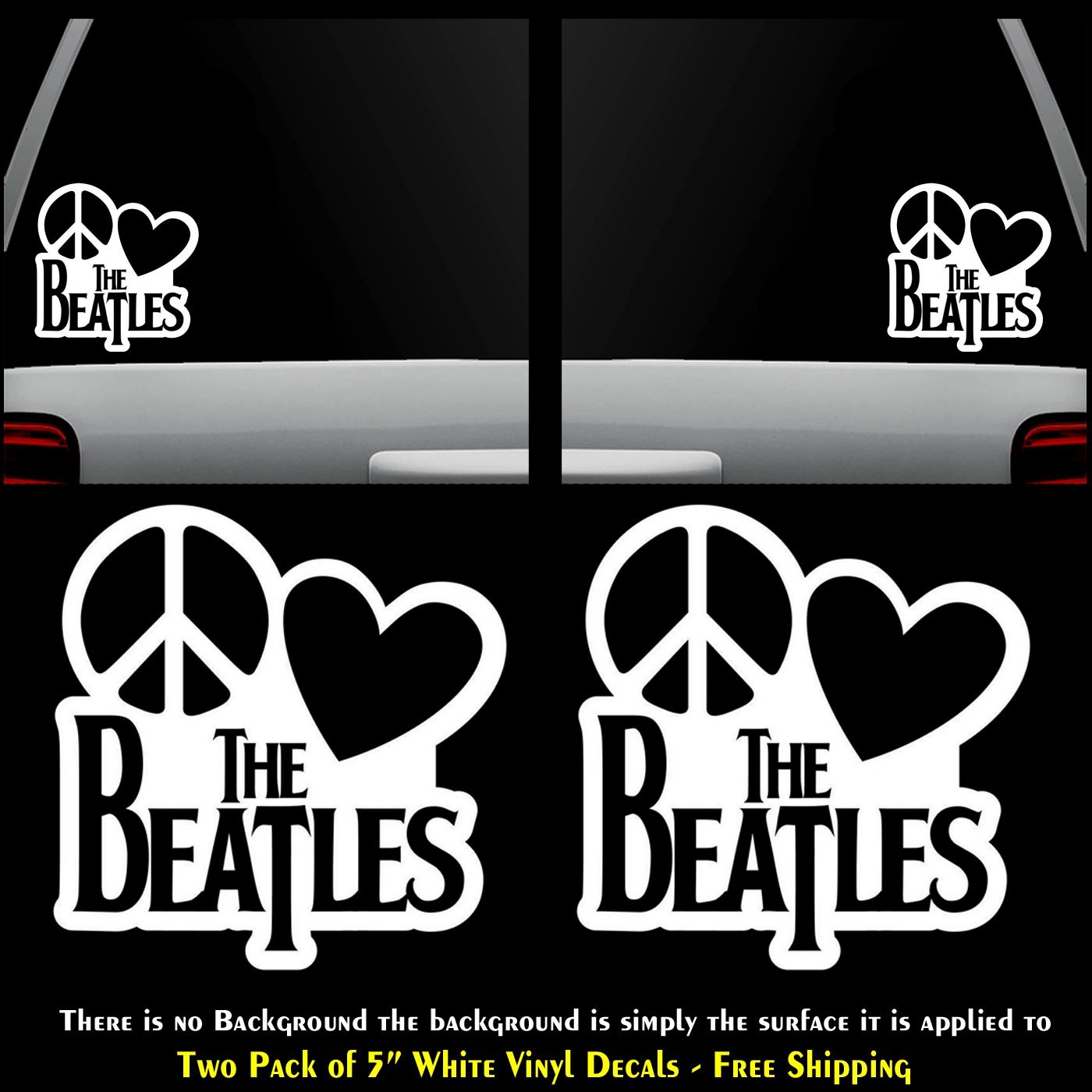 Peace Love The Beatles Two 5" White Vinyl Decals Vehicle Window Any Flat Surface