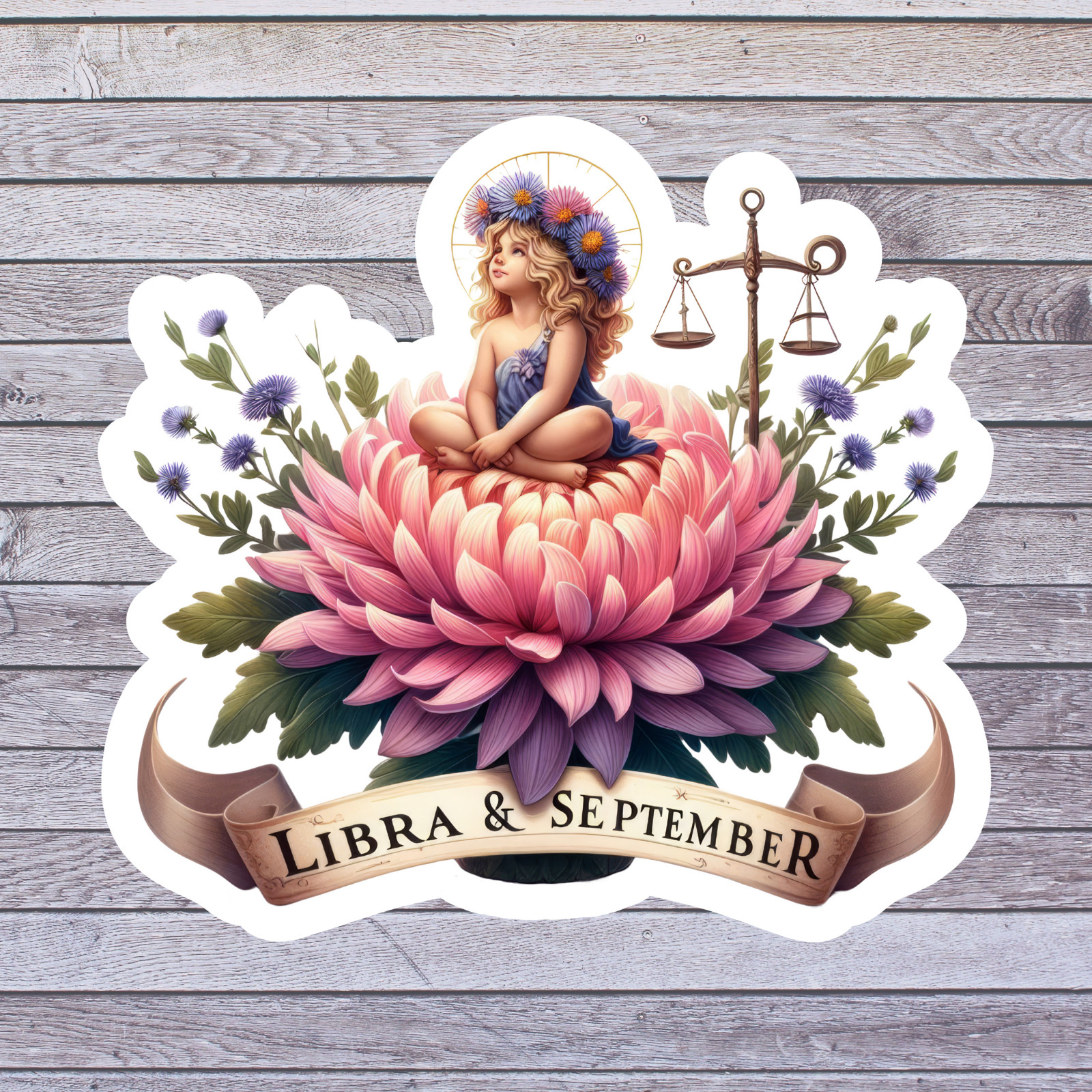 Libra sticker vinyl decal zodiac september lotus fairy scales celestial art