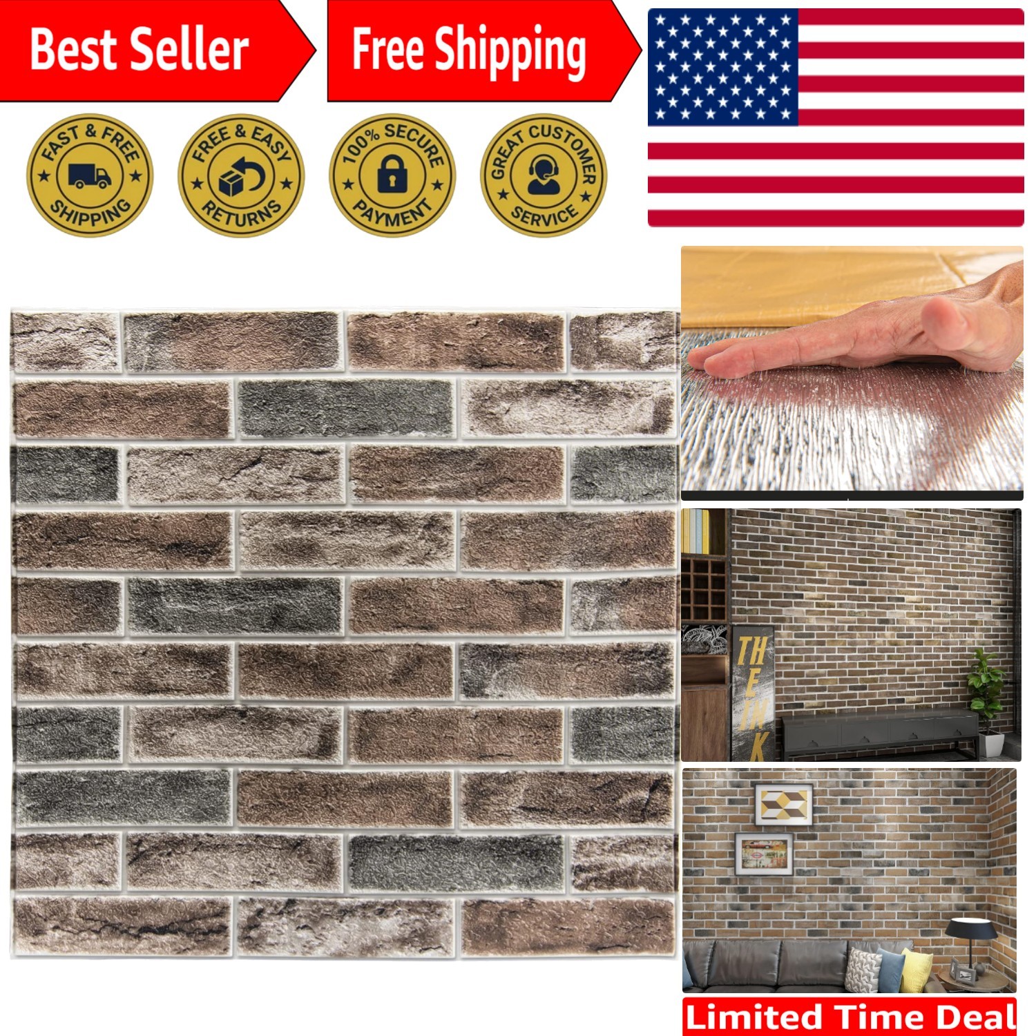 Easy Install Gray Brown 3D Faux Brick Panels – 10 Per Pack, 52.5 Sq.Ft Coverage