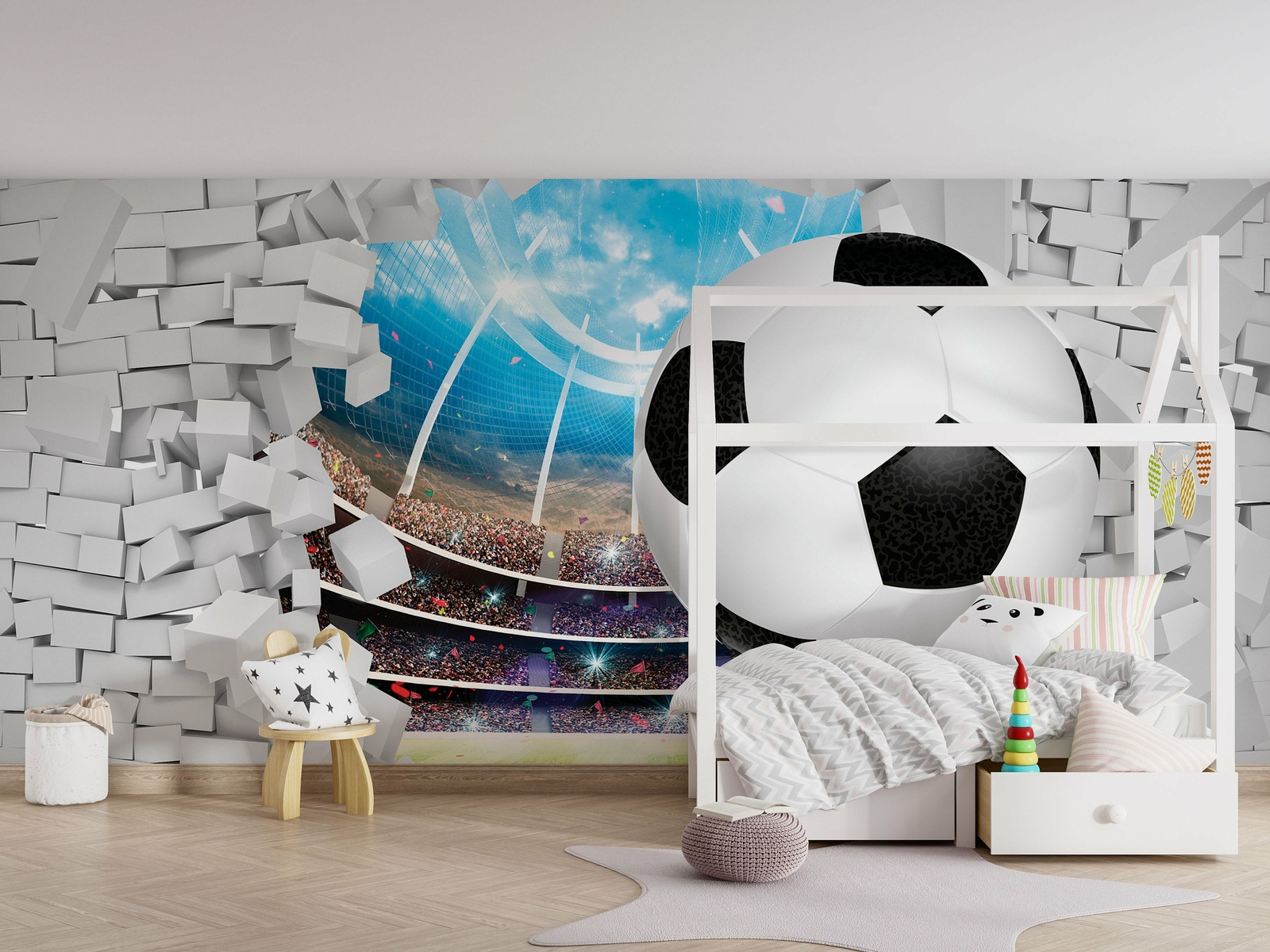 Soccer Ball Through A Brick Wall Wallpaper – Large Wall Mural – Self-adhesive