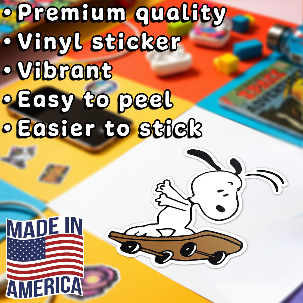 Peanuts Snoopy playing with a skateboard, cute and fun sticker 4"W x 4.5"H