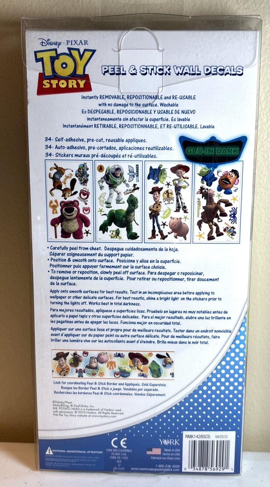 Disney Toy Story 3, 34 Peel & Stick Wall Decals Glow In The Dark Removable, New