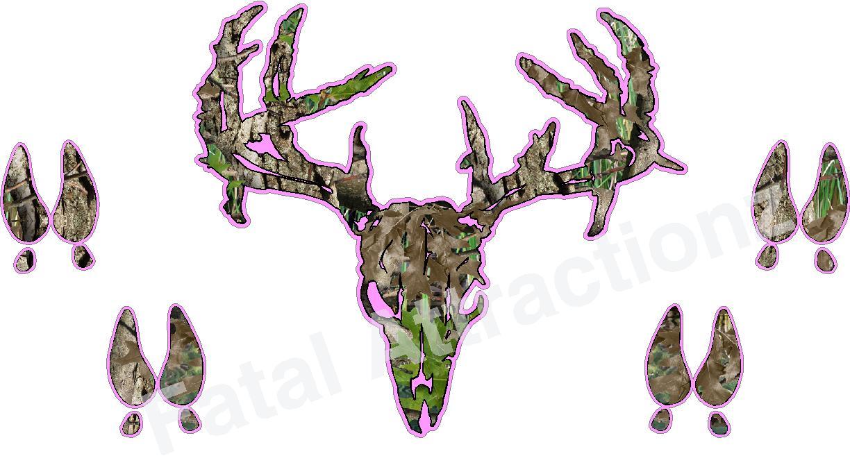 Pink Camo Zombie Deer Skull w/Tracks Vinyl Decal sticker prints buck hunting