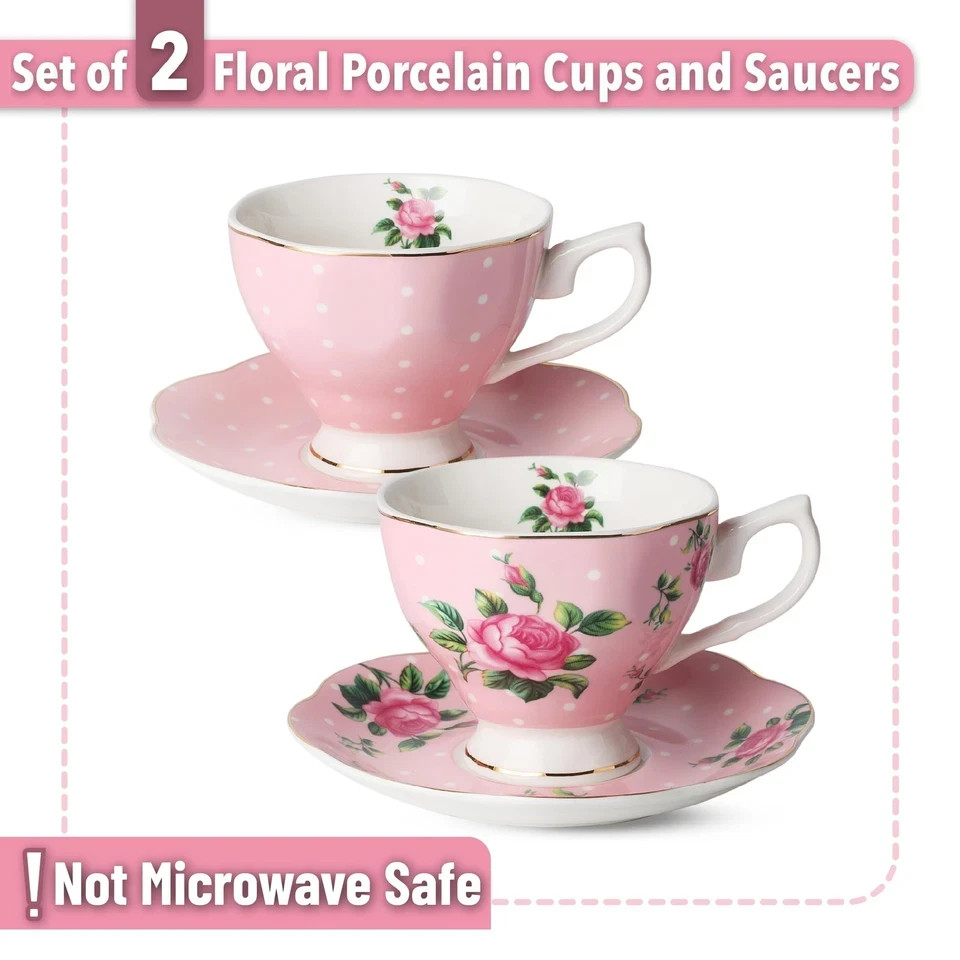 BTaT- Floral Tea Cups and Saucers Set of 2 (8 oz), Porcelain Tea Cup Sets, Pa…