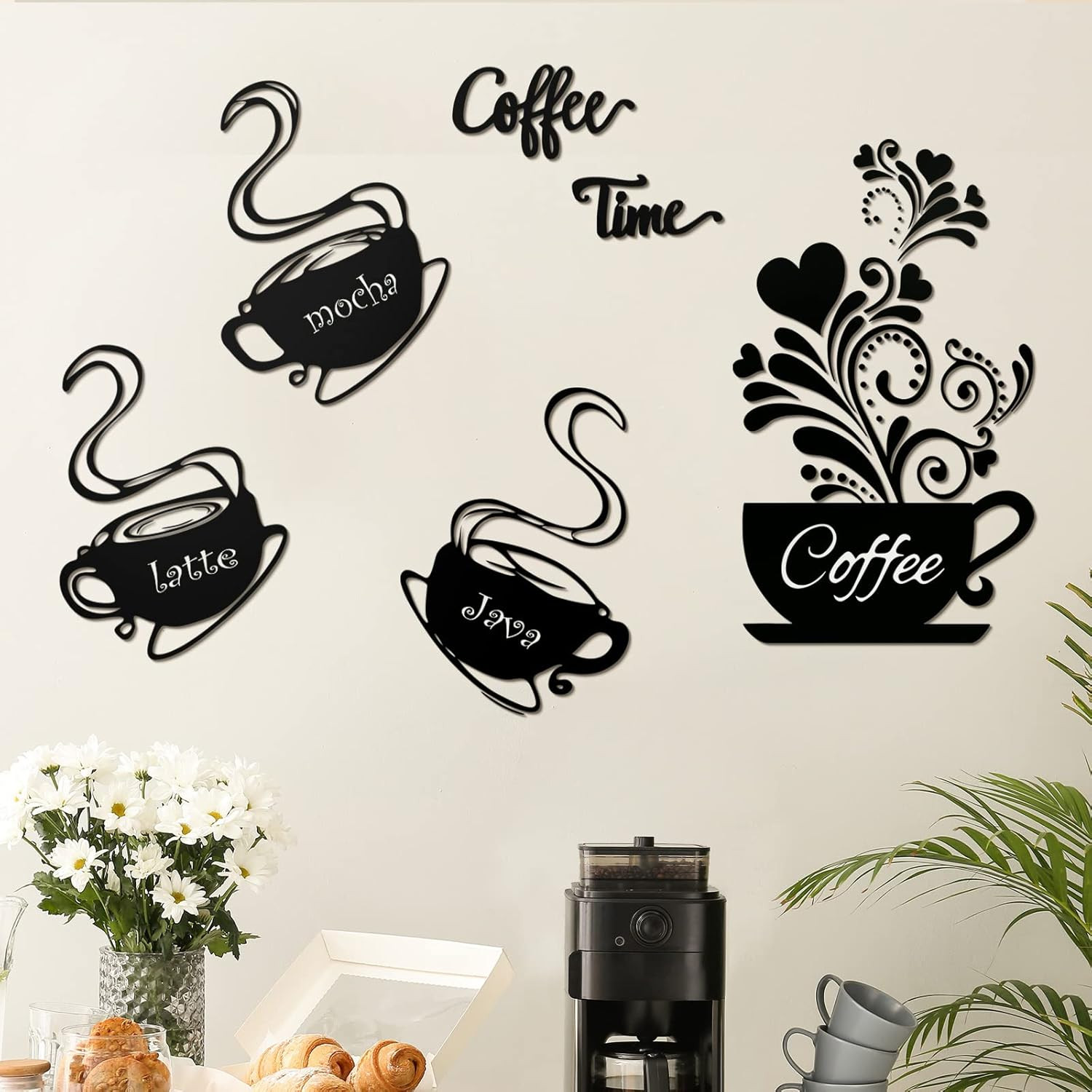 5 Pieces Coffee Cup Wall Stickers Kitchen Wall Decals Black Coffee Mug Latte Jav