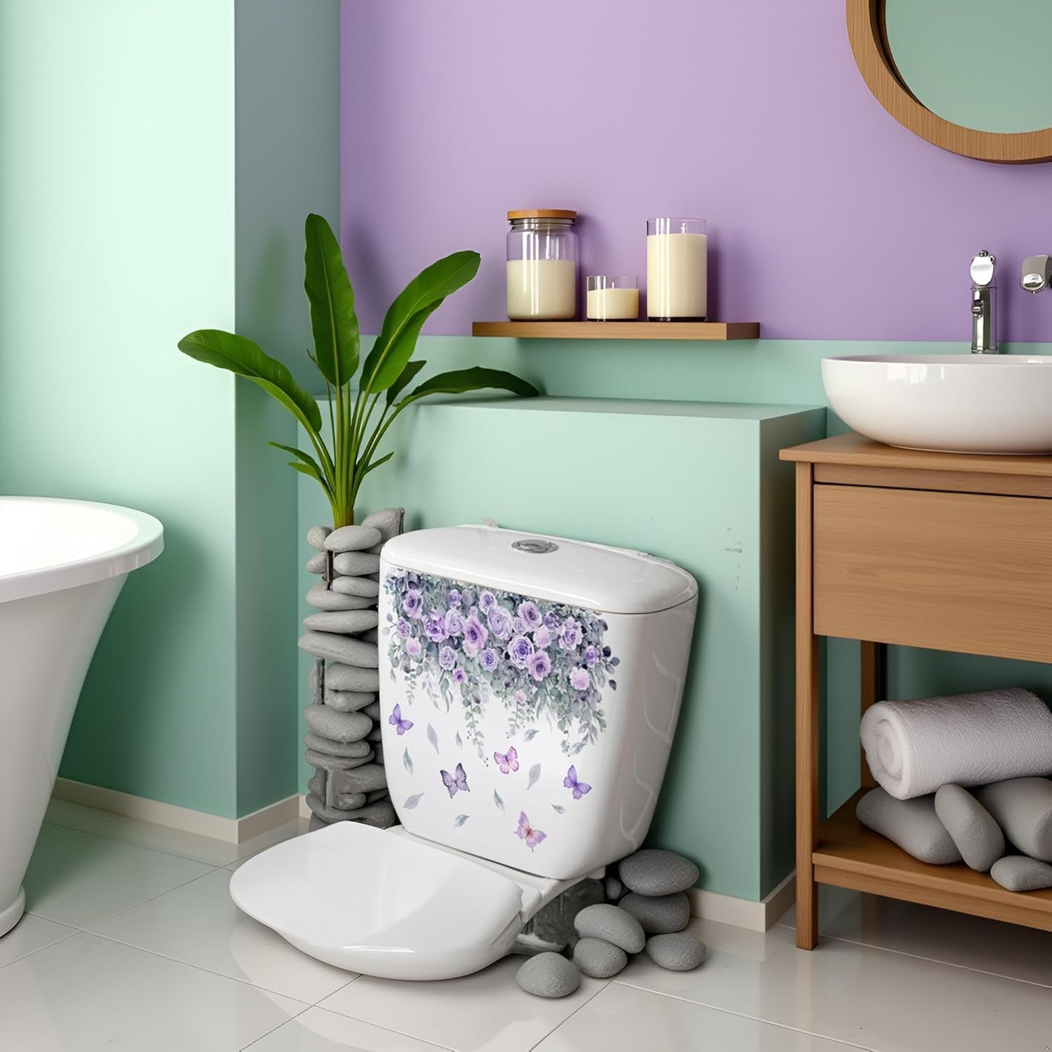 Botanical Bathroom Stickers with Purple Roses, Waterproof Removable Decals for T