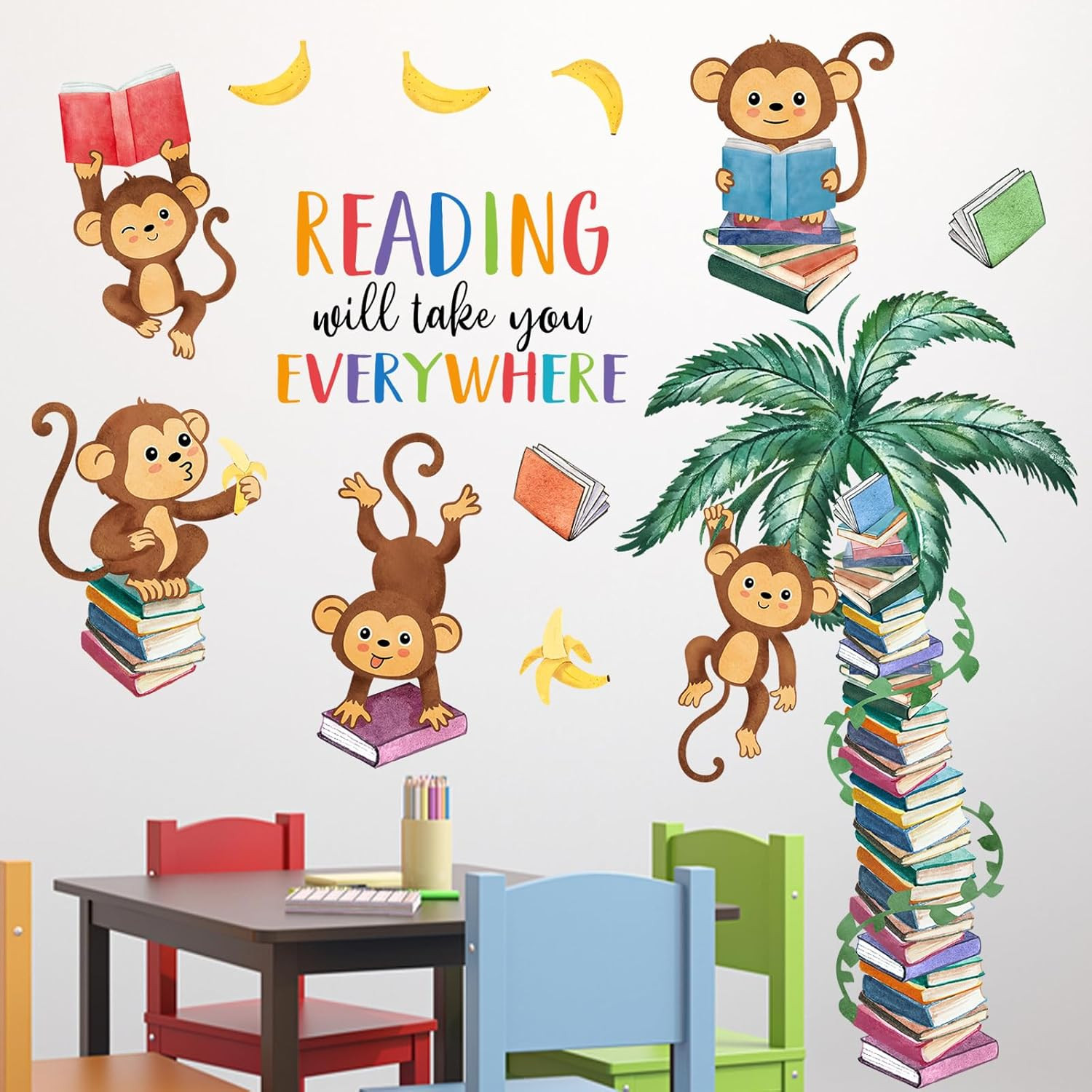 Monkey Reading Book Wall Decals Stickers, Reading Will Take You Everywhere Nurse