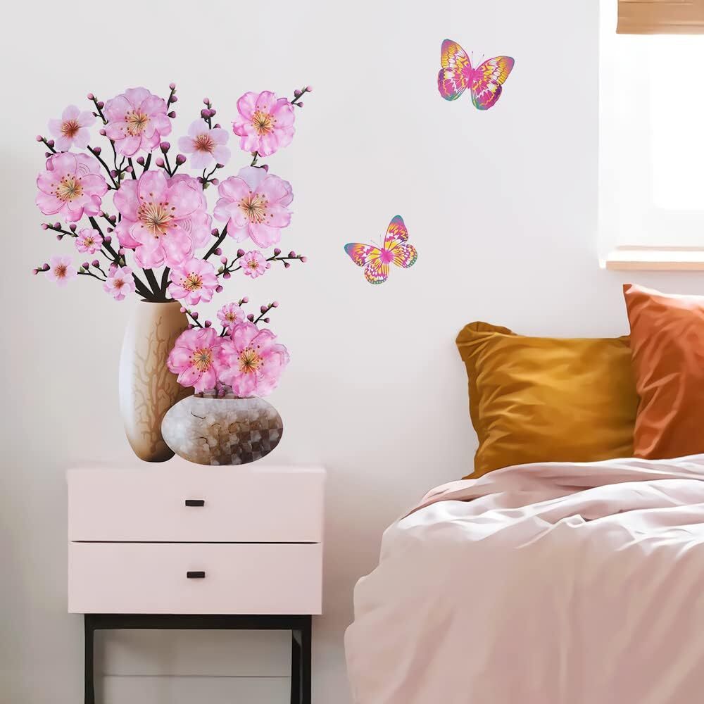 Supzone 3D Vase Wall Stickers Stereo Flower Decal Pink