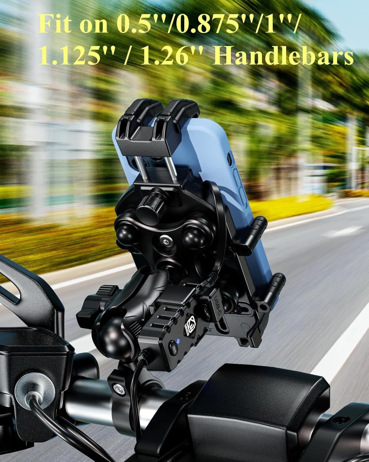 Motorcycle Phone Mount Holder with Qi 15W Wireless Charger & 30W PD/USB-C Fast C