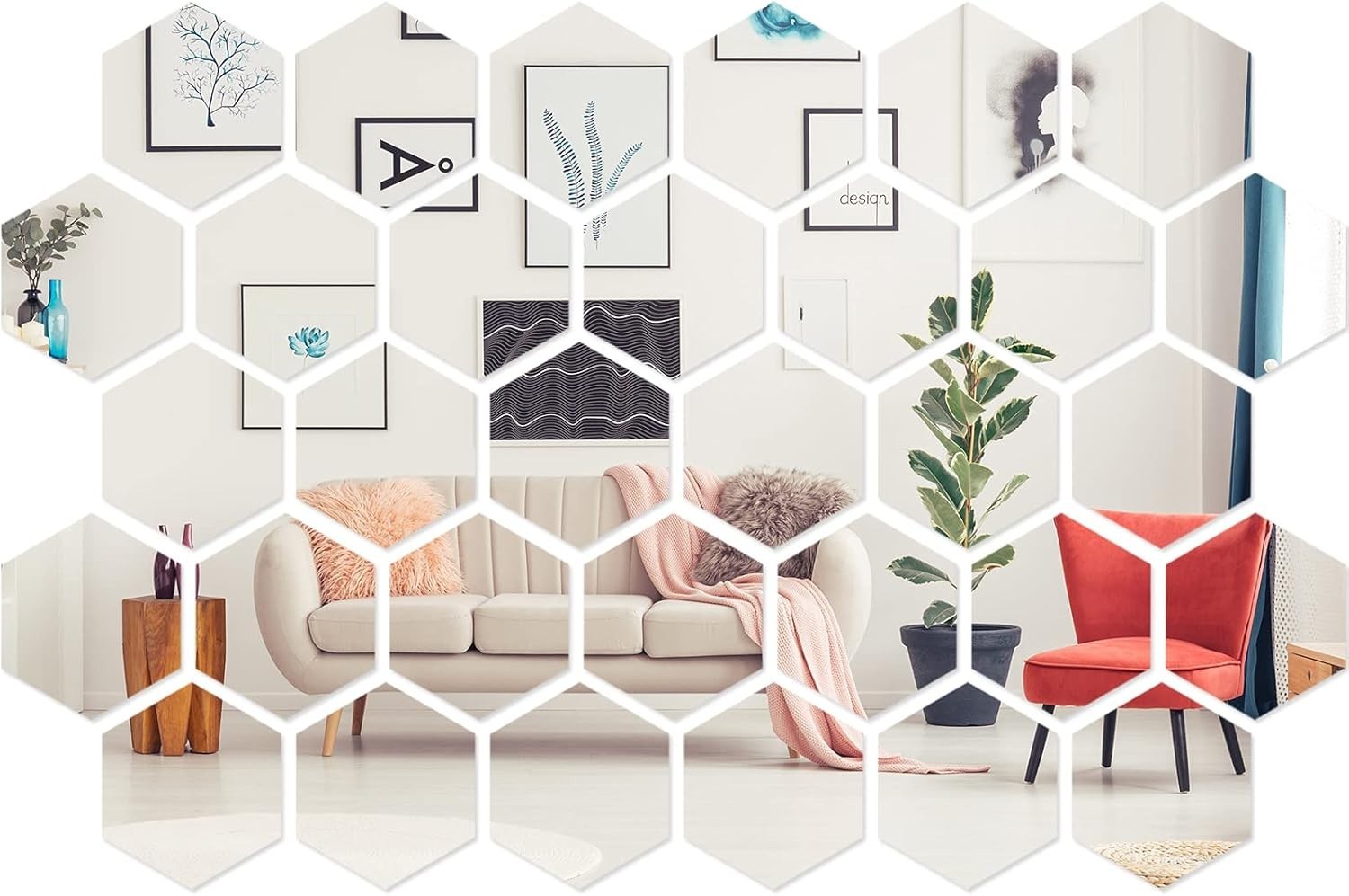 32 Pcs Silver Acrylic Hexagon Mirror Wall Stickers Removable Decor for Home O…