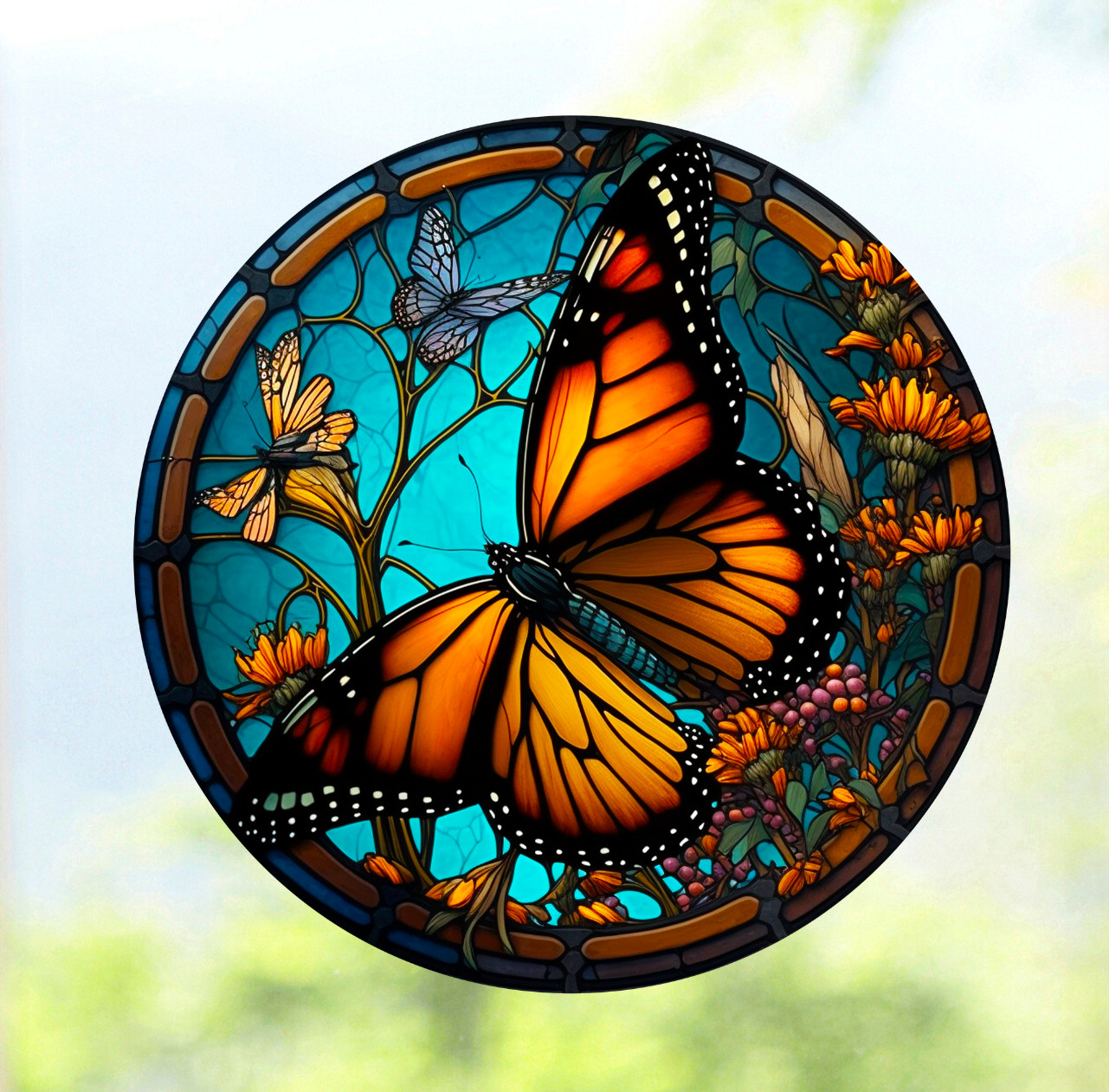 Monarch Butterfly Faux Stained-Glass WINDOW CLING Size 8" Round Vinyl