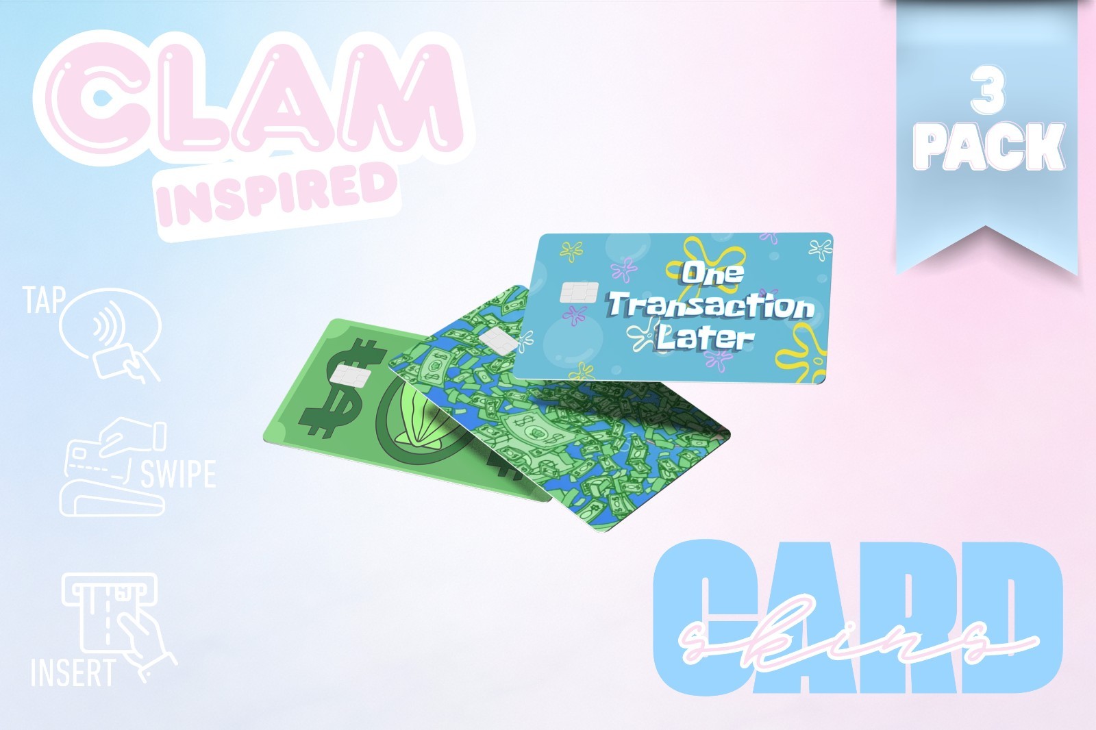 3‑Pack Clam Bikini Bottom Card Skins –Vinyl Credit & Debit Card Covers | Durable