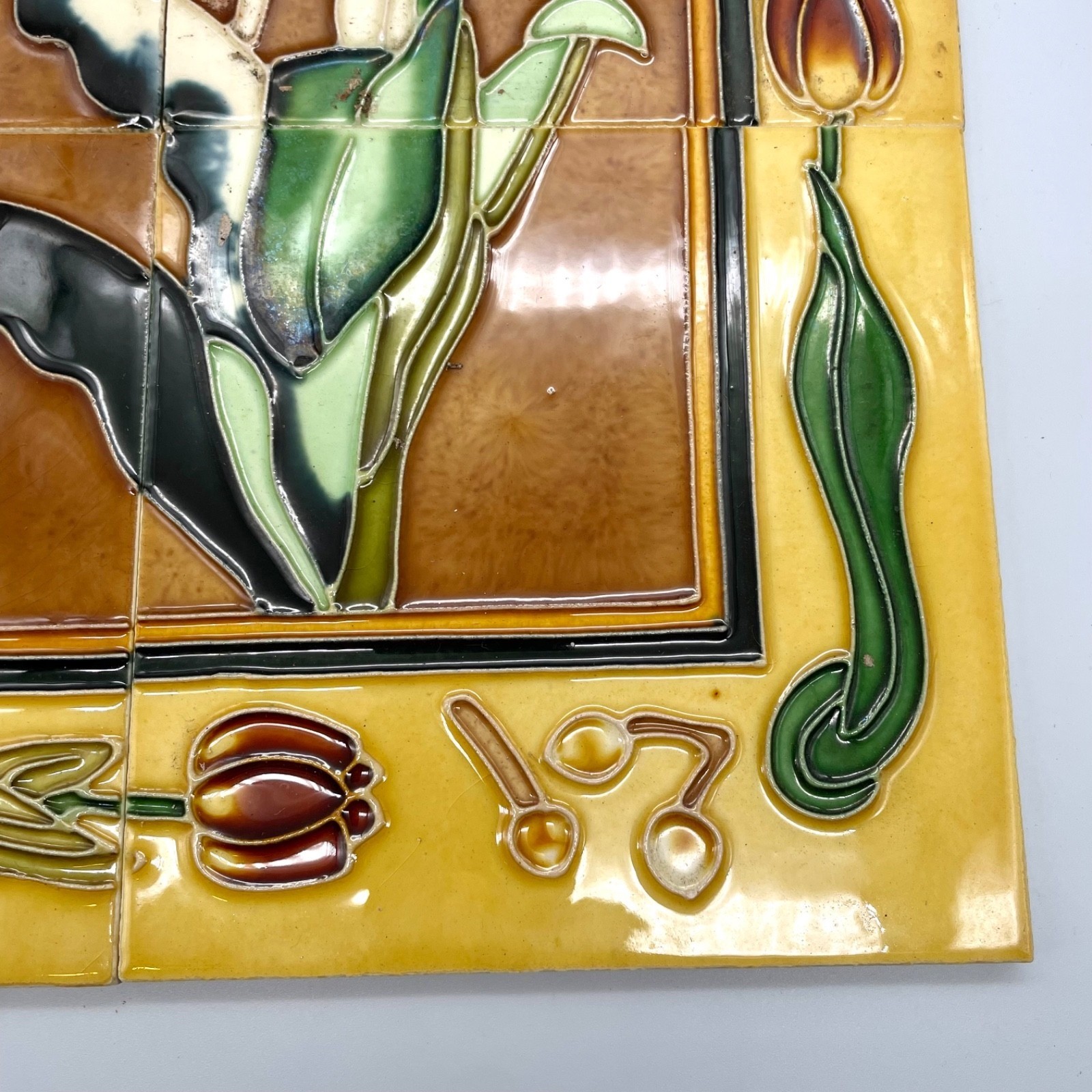 Art Nouveau Style Floral Ceramic Tile Mural 6-Piece Set Yellow Brown