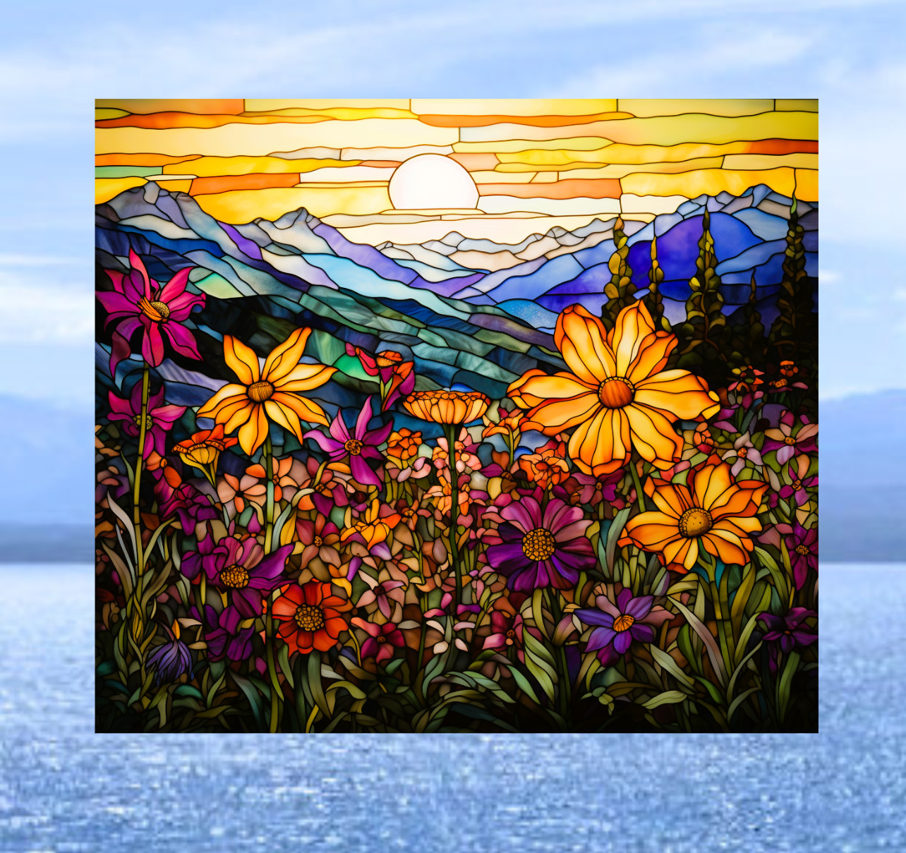 Wildflowers, Mountains & Sunset Faux Stained-Glass WINDOW CLING Size 9.1" Vinyl