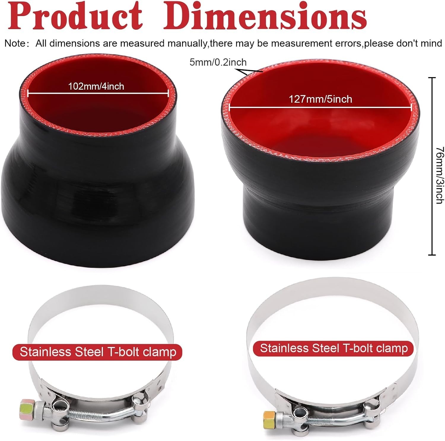 4" to 5" Silicone Reducer Coupler, 4-Ply with T-Bolt Clamp