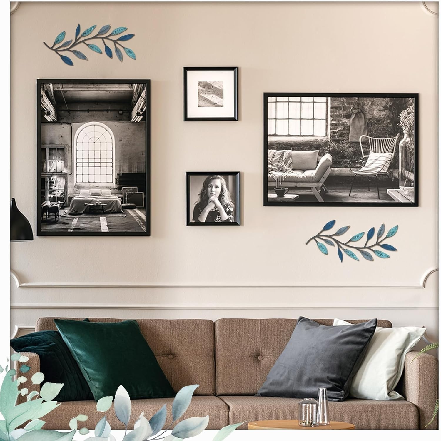Stylish Vintage Blue Olive Branch Wall Art Set – 2 Durable Metal Pieces