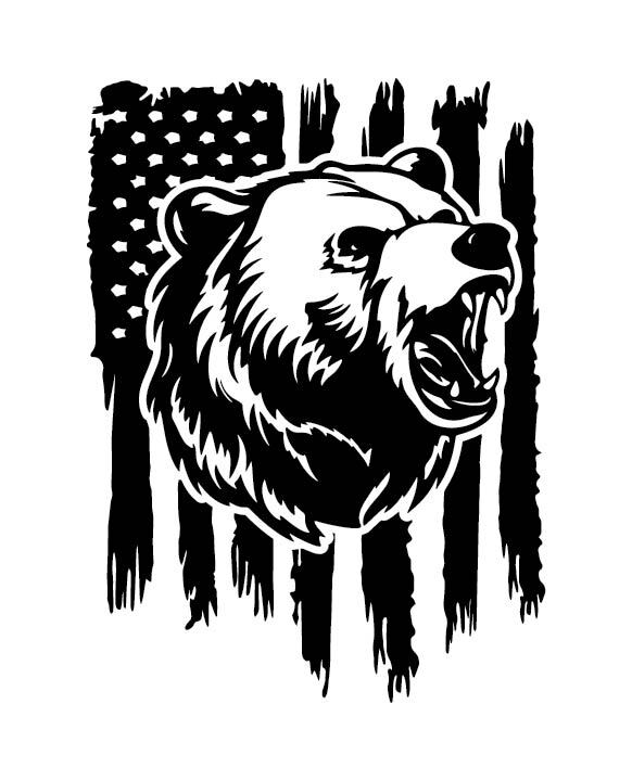 Distressed American Flag Bear Head Hunter Grizzly Hunt Outdoor Decal Sticker