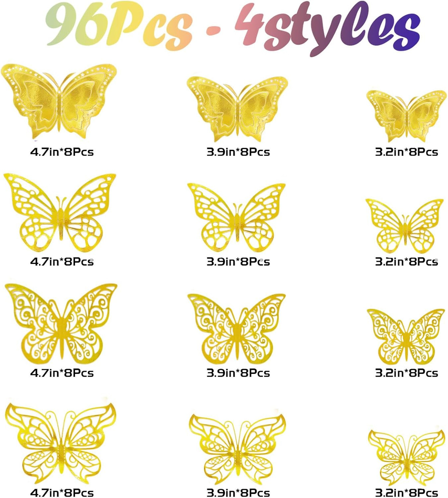 Butterfly Wall Decorations Set, 3D Metallic Stickers, 4 Styles, 3 Sizes, Gold