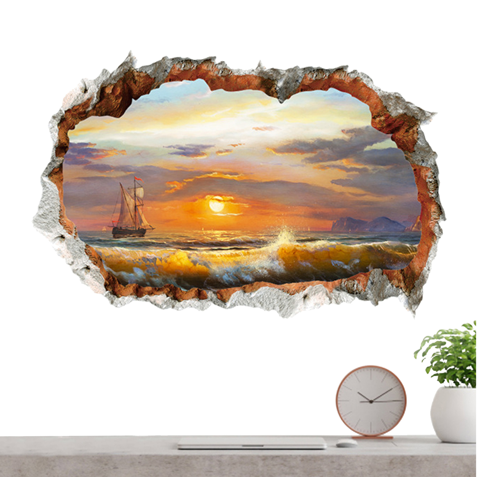 Window View Wall Sticker Poster Decal Adhesive Broken Hole Wall Mural Decorative