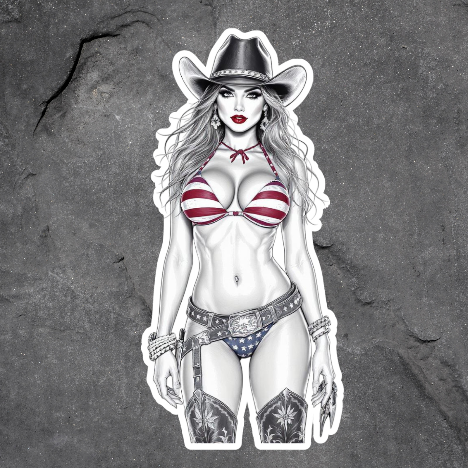 Pinup Girl Sticker Vinyl Decal Bikini Cowgirl Sexy Busty Western Glamour Retro