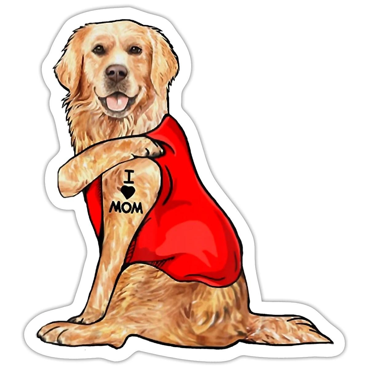 Golden Retriever With I Love Mom Tattoo Funny Sticker, max. 4 x 4"