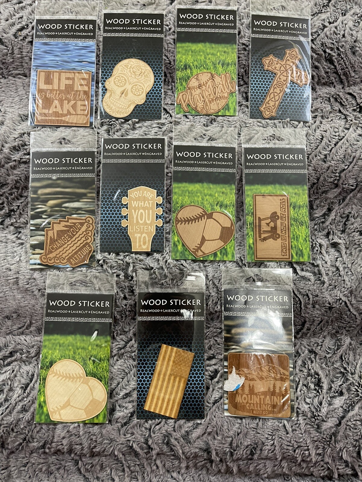 Wood Sticker Lot of 11 Real Wood Laser Cut Engraved Variety of Sticker Styles