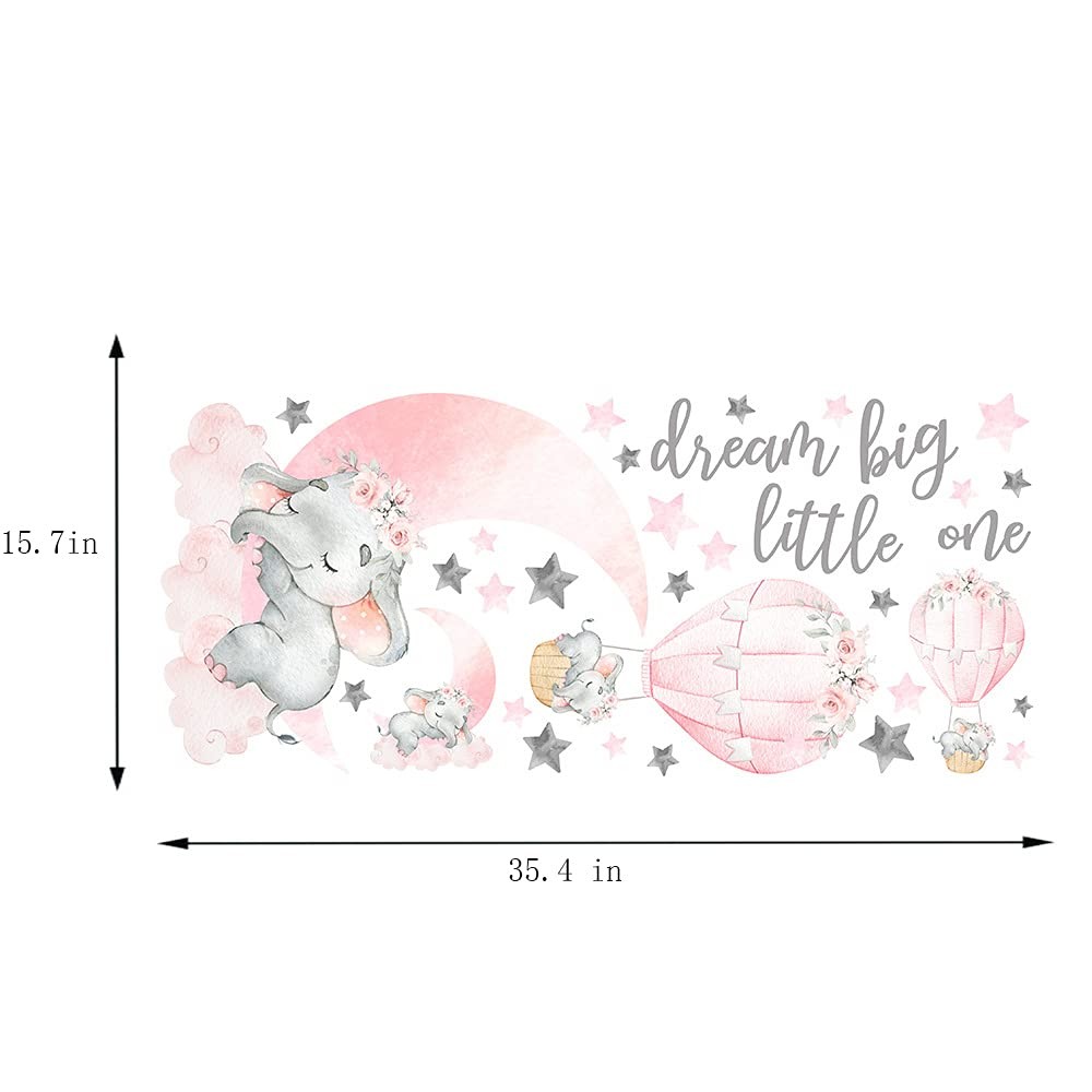 Dream Big Little One Elephant Wall Stickers, Pink Moon Hot Air Balloon Grey Star